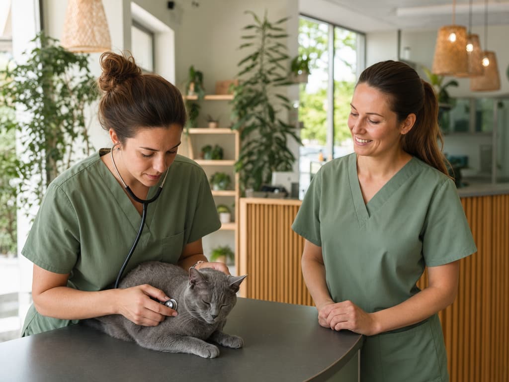 Two veterinary team members in sage scrubs in a bright clinic, one gently examining a relaxed grey cat on the exam table.